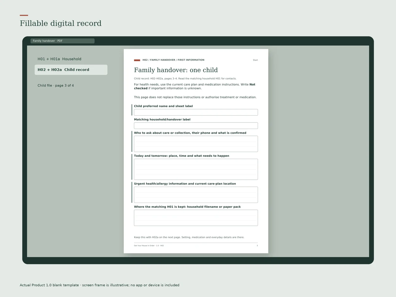 Actual Product 1.0 blank template. Screen frame is illustrative; no app or device is included.