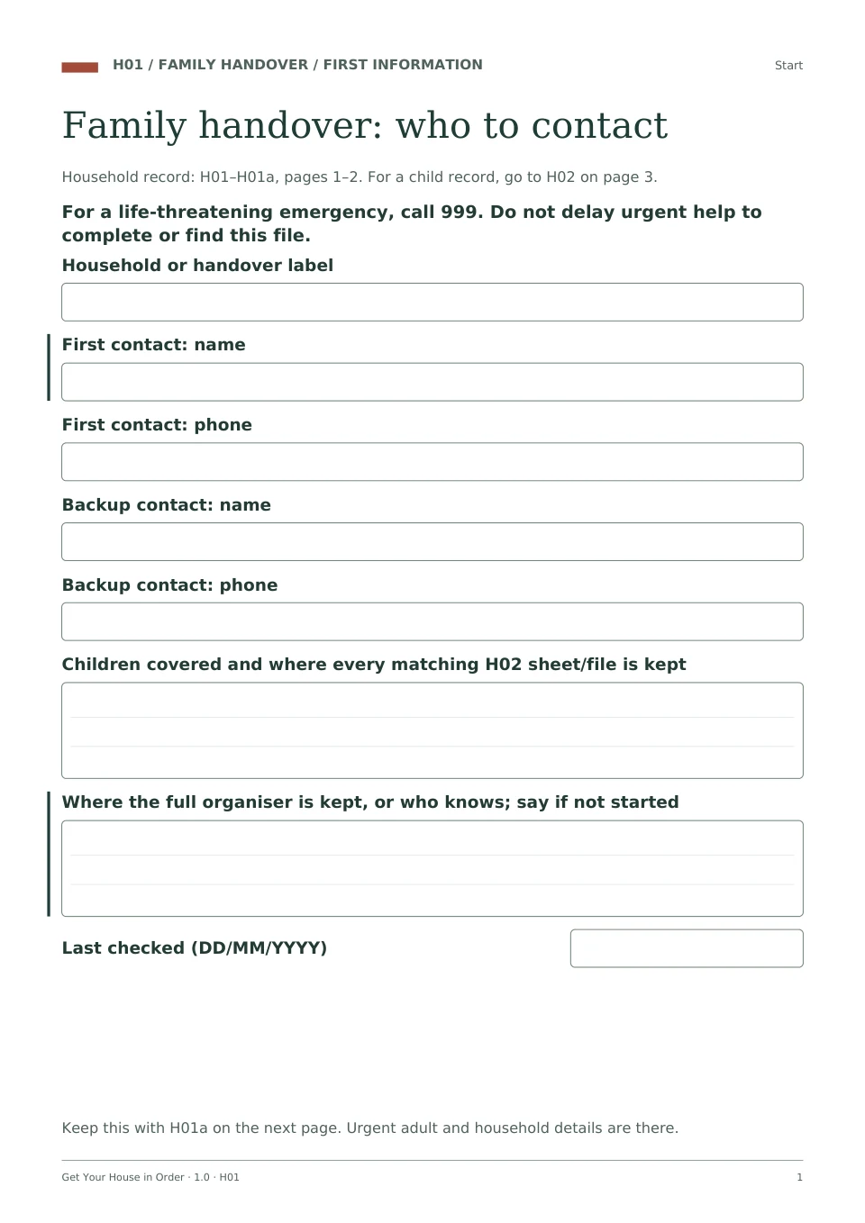 H01 household handover page from Get Your House in Order. Continuation page H01a is also included.