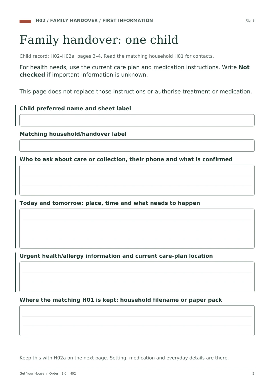 H02 child handover page from Get Your House in Order. Continuation page H02a is also included.