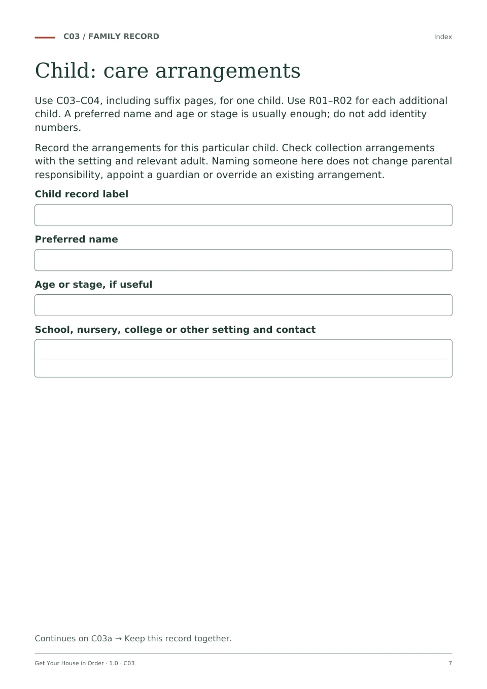 C03: child care arrangements, an actual organiser page.