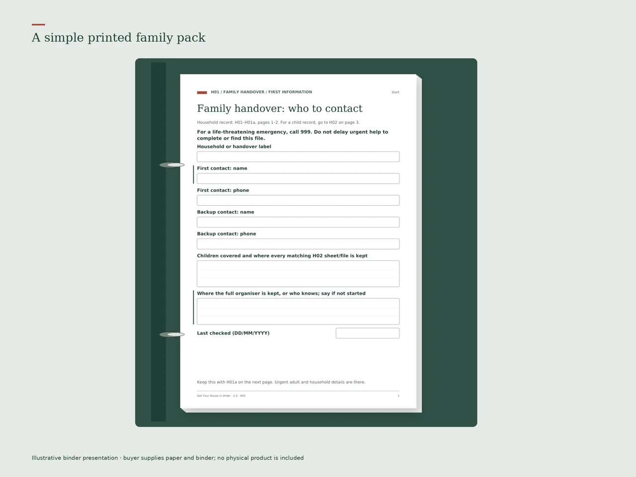 Illustrative binder presentation. Paper and binder are not included.